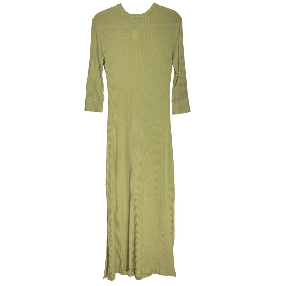 VTG Free People Free-est Vance Ribbed Slit Leg Maxi Dress Yellow-Green  Cotton S